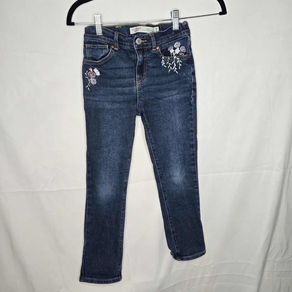 Signature Levi Strauss Kids Dark Blue Jeans w Floral Embroidery Design Straight - Picture 1 of 4